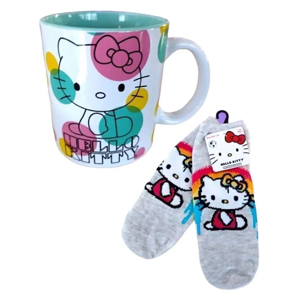 Hello Kitty Colorful Dotted 20oz Mug and 1 Pair HK Socks Bundle NWT